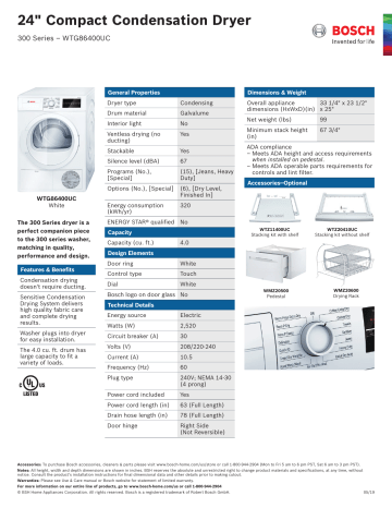 Bosch WTG86400UC 300 Series 24 in. 4 cu. ft. 240-Volt White Electric Condensation Compact Dryer Specification | Manualzz