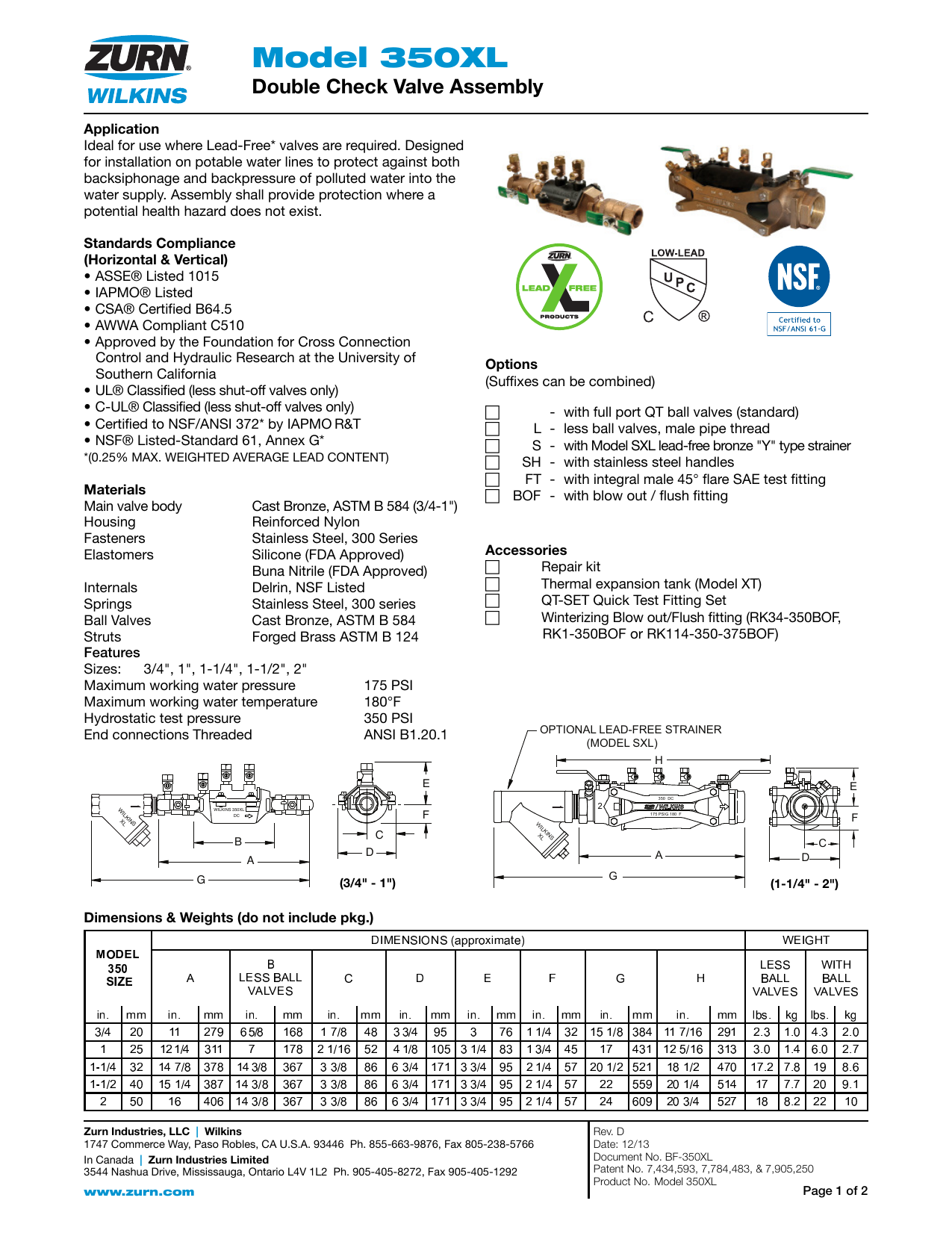 Zurn Wilkins 34 350xl 3 4 In Lead Free Double Check Valve Assembly Specification Manualzz