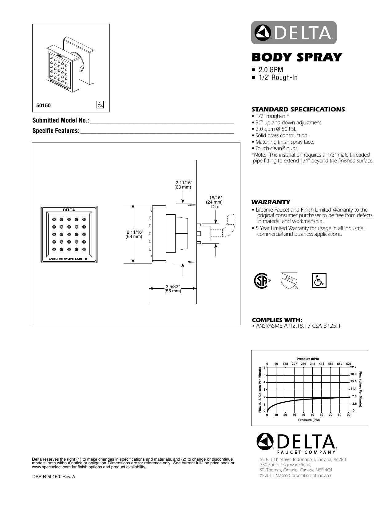 Delta 50150SS Body Spray with Technology in Stainless