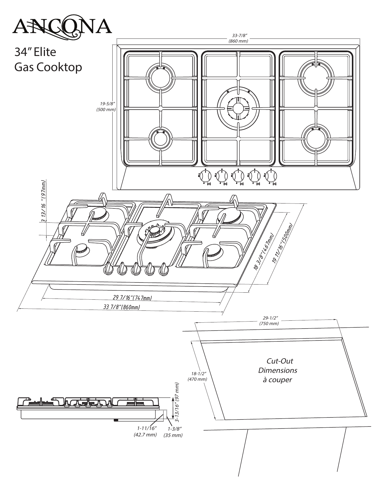Ancona AN21449 34 in. Gas Cooktop in Stainless Steel with 5 Burners