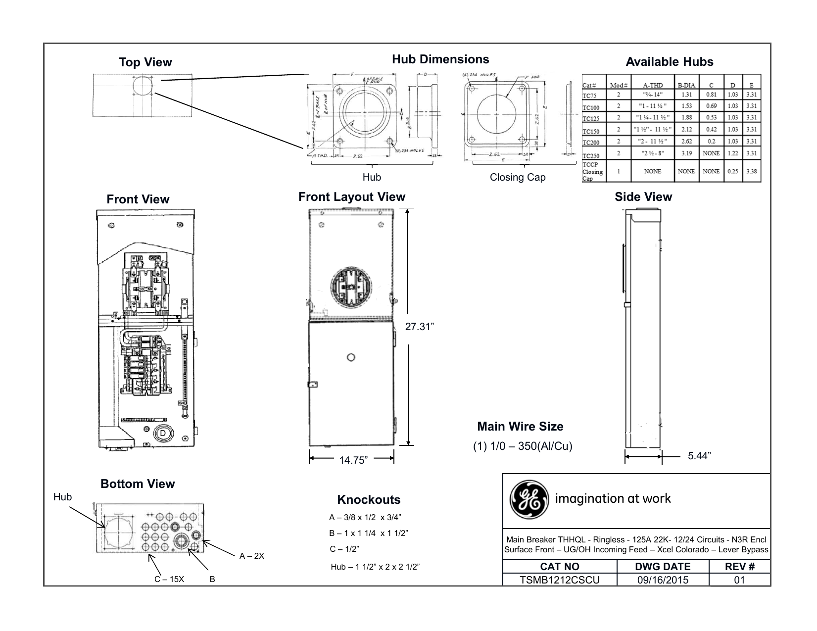 GE TSMB1212CSCU 125 Amp 12Space 24Circuit Combination Main Breaker