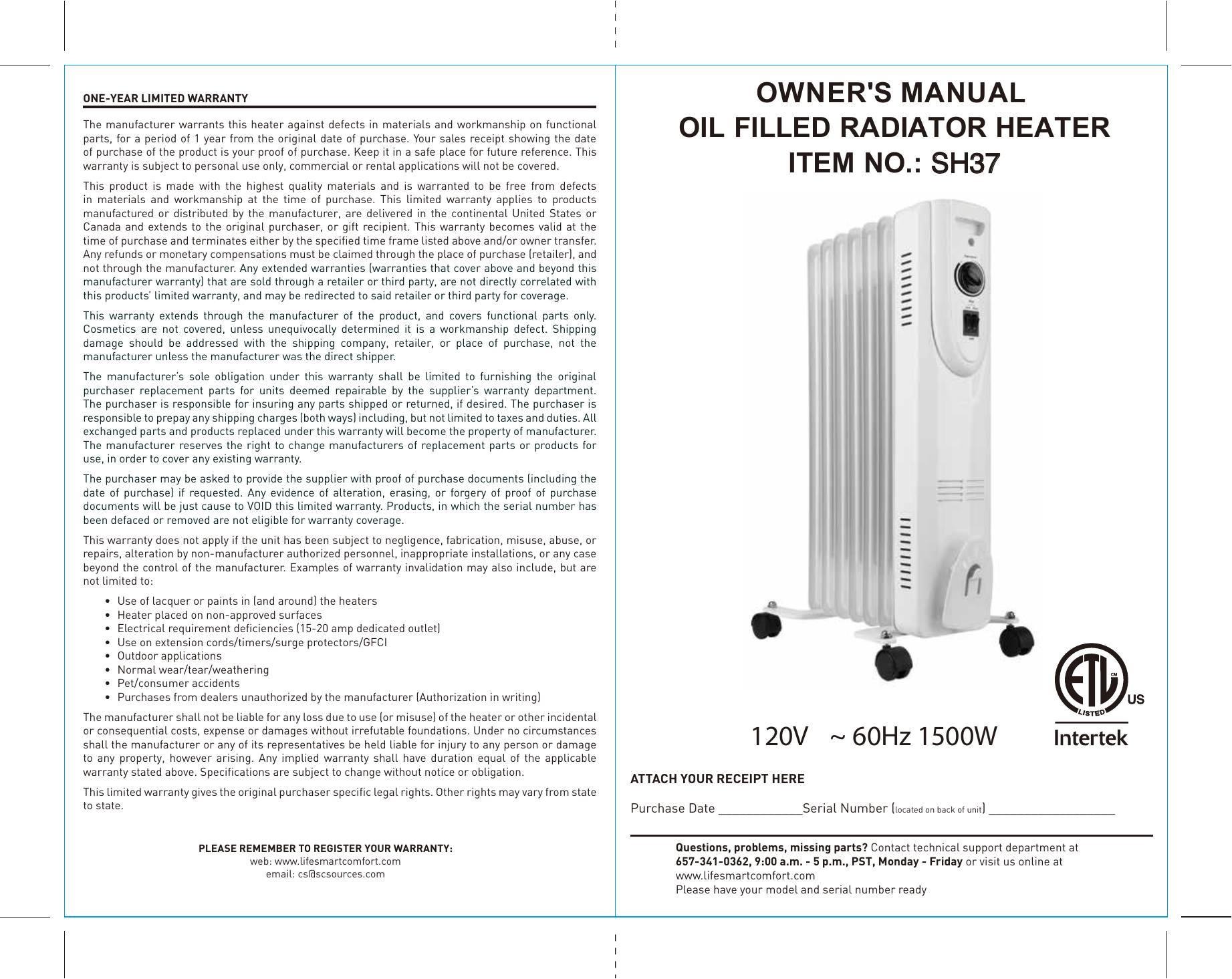 Lifesmart SH-37 Eco Series 1500-Watt Electric Oil Filled Radiator  Instructions | Manualzz