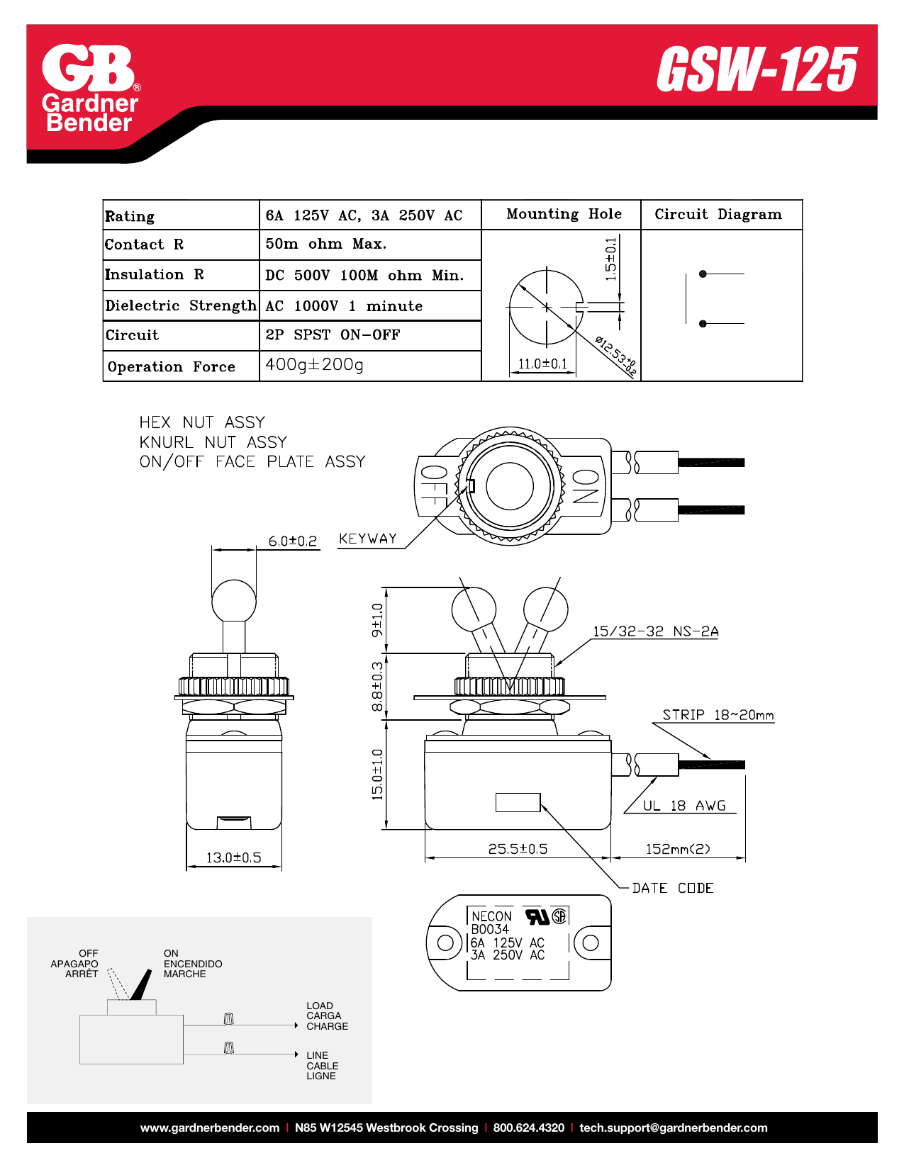 Gardner Bender GSW125 Toggle Switch SPST 6 Amp 125 Volt, On/Off, Leads