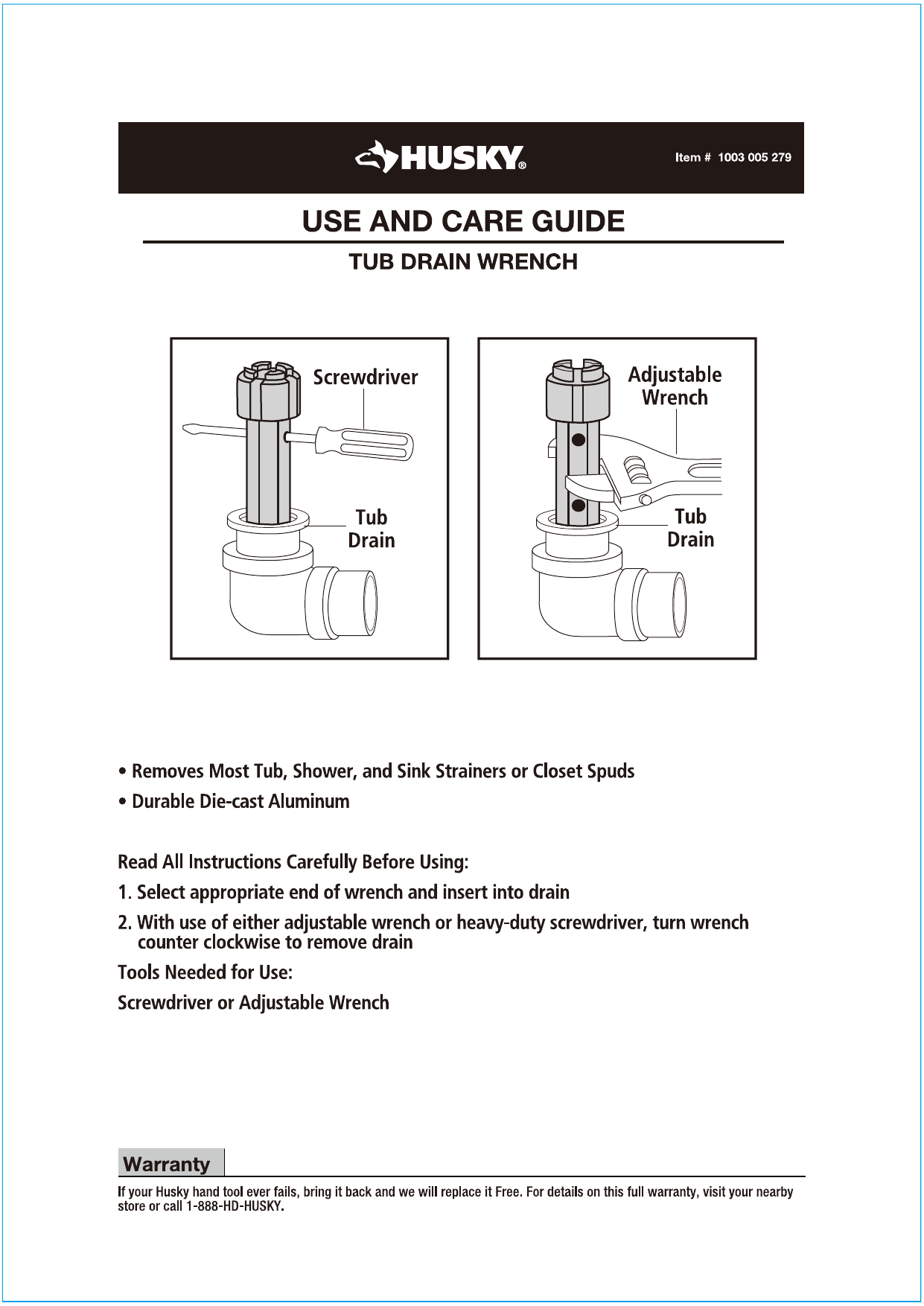 Husky Double Ended Tub Drain Wrench 