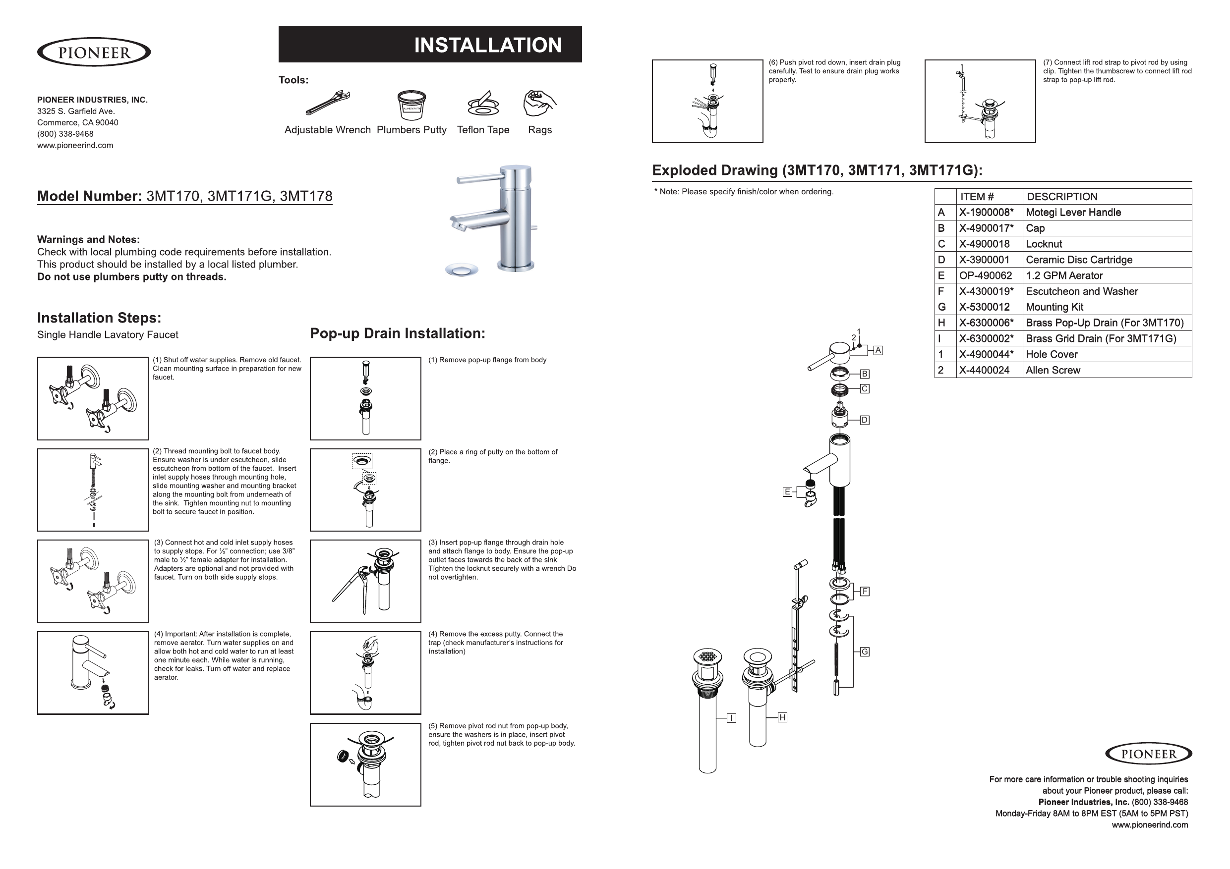 Pioneer Faucets 3MT170BN Motegi Single Hole SingleHandle Bathroom