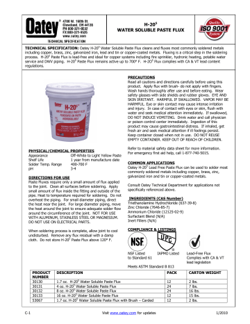 Oatey 30131 4 oz. H205 Water Soluble Flux Specification | Manualzz