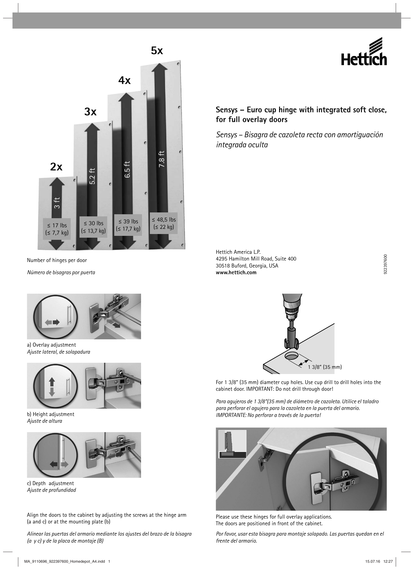 Hettich 922080300 Concealed Full Overlay 35 mm SoftClose Frameless