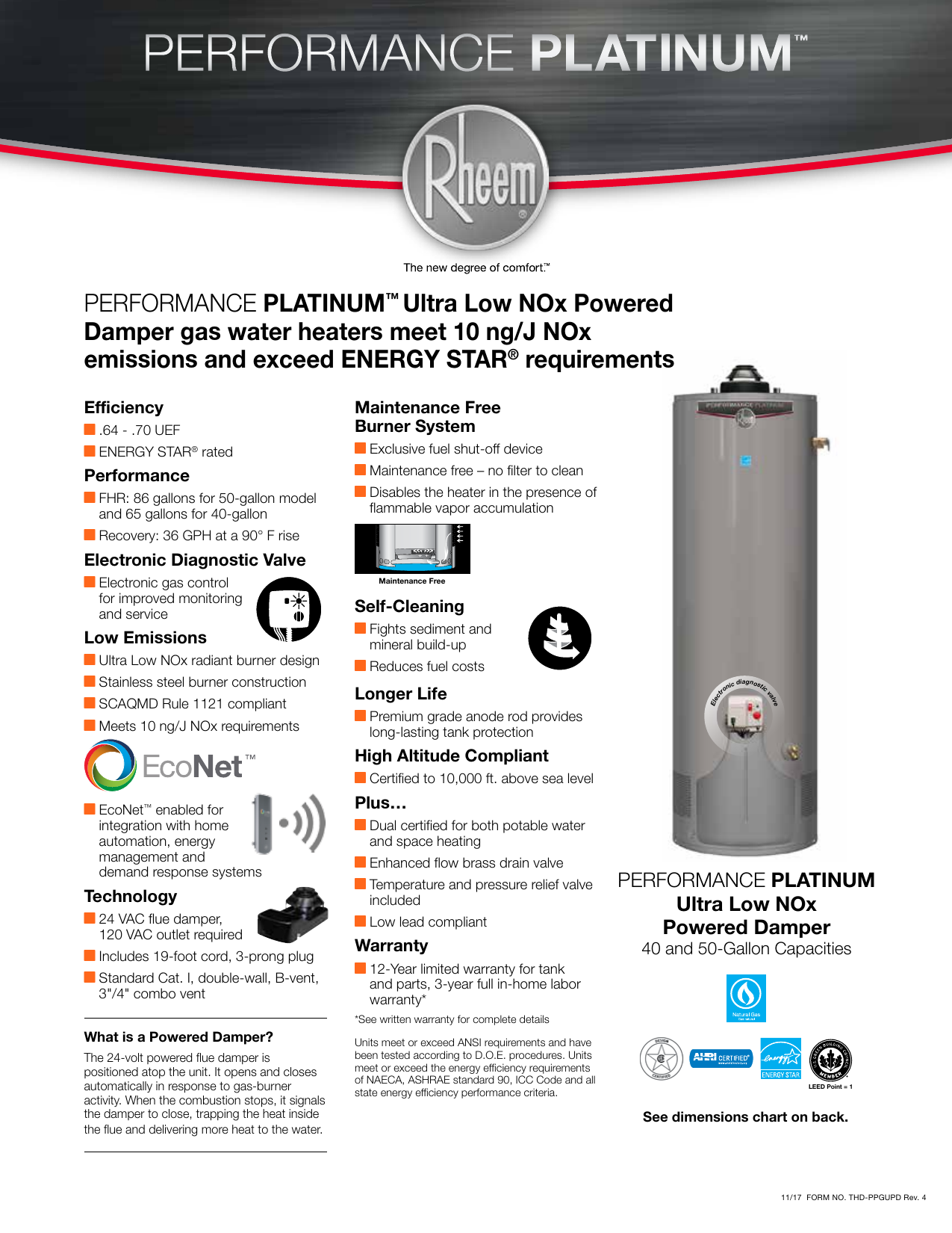 Rheem XG40T12DU36U0 Performance Platinum 40 Gal. Tall 12 Year 36,000 BTU  ENERGY STAR Ultra Low NOx Natural Gas Tank Water Heater Specification |  Manualzz