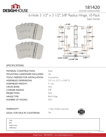 Design House 181420 3-1/2 in. x 5/8 in. Radius Satin Nickel Door Hinge Value Pack (10 per Pack) Specification | Manualzz