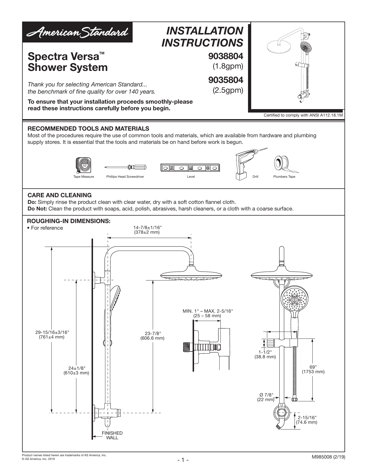 American Standard 9038804.278 Spectra Versa 4Spray Round 24 in. Wall