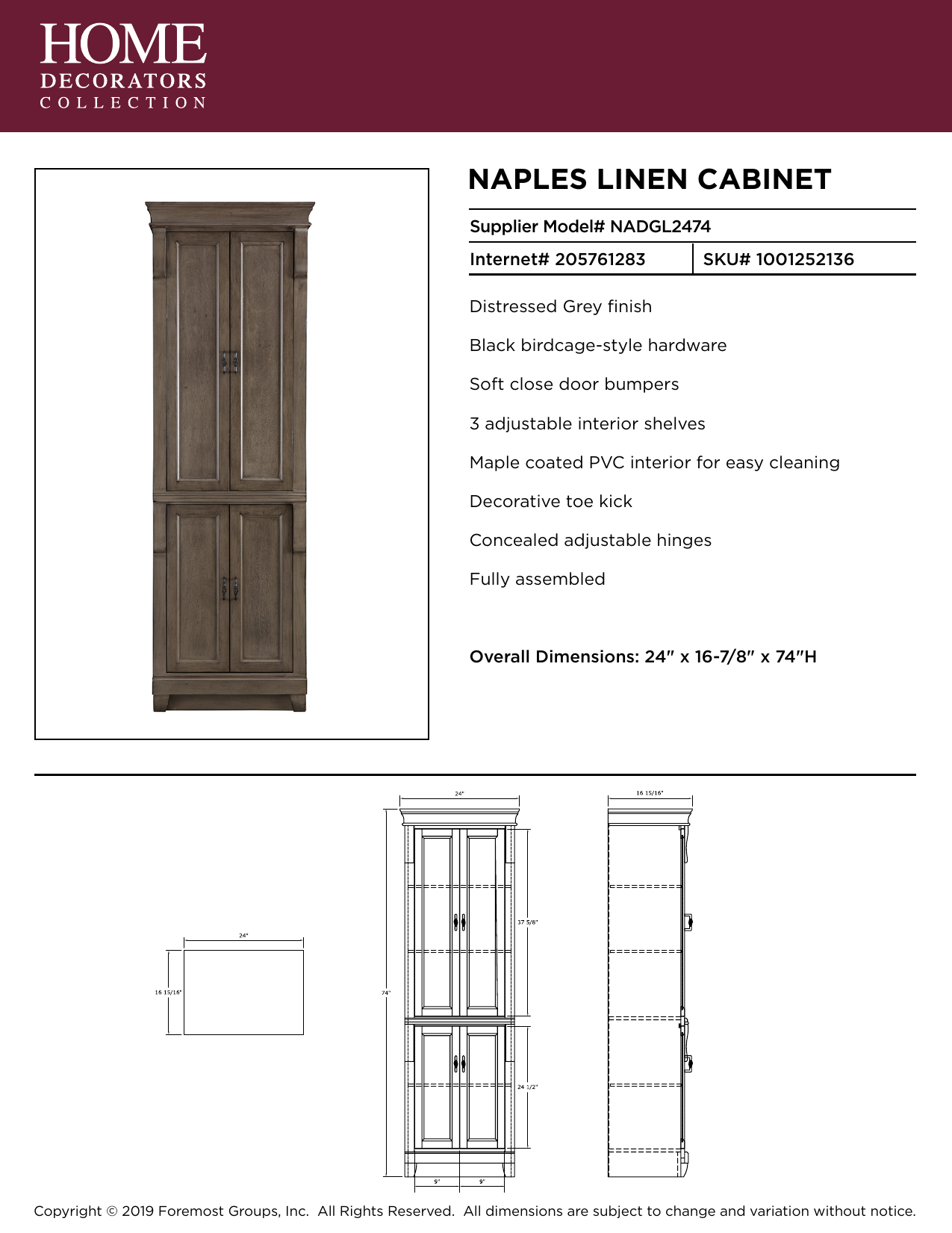 Home Decorators Collection NADGL2474 Naples 24 in. W x 74 in. H x 17 in
