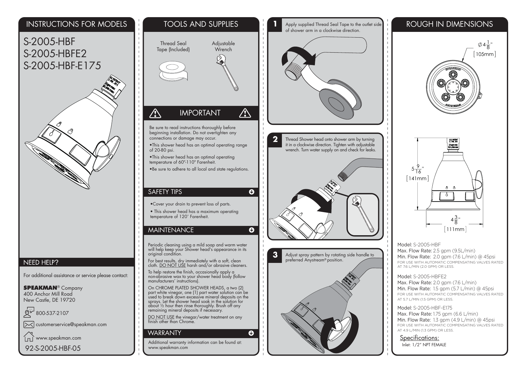 Speakman S2005HBFE175 3Spray 4.1 in. Single Wall Mount Low Flow
