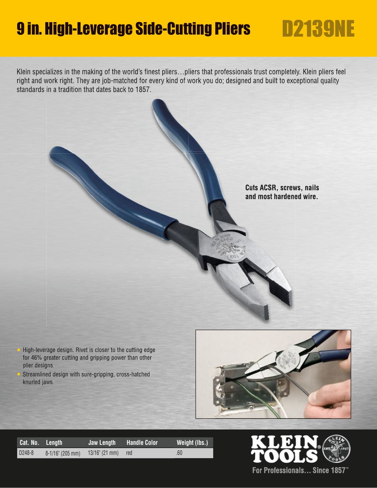 Klein Tools D213-9NESEN 9 in. High Leverage Side Cutting Pliers Guide