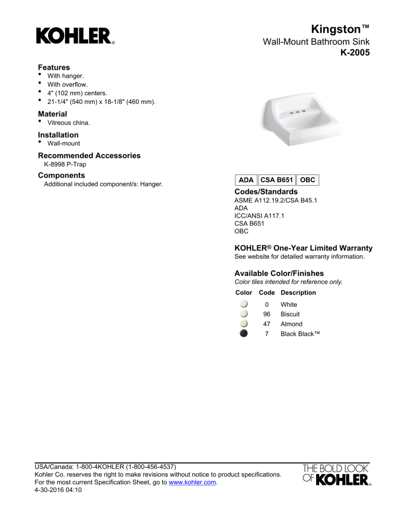 Kohler K-2005-7 Specification | Manualzz