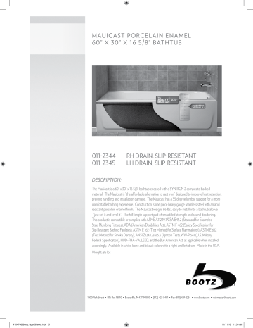 Bootz Industries 011 3444 00 Mauicast, Bootz Syniron 2 Bathtub Manual