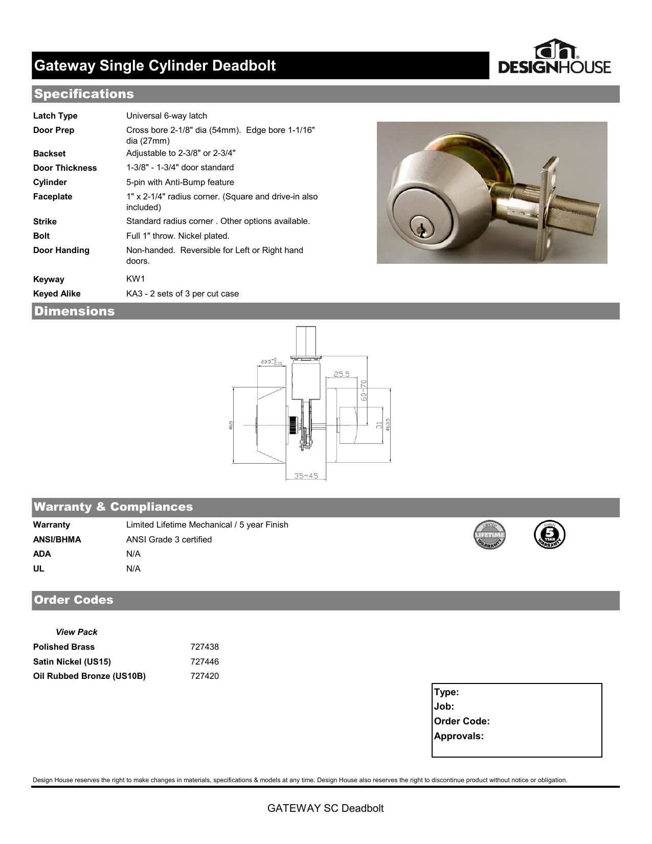 Brushed Bronze Design House 702613 Double Cylinder 2-Way Latch Deadbolt