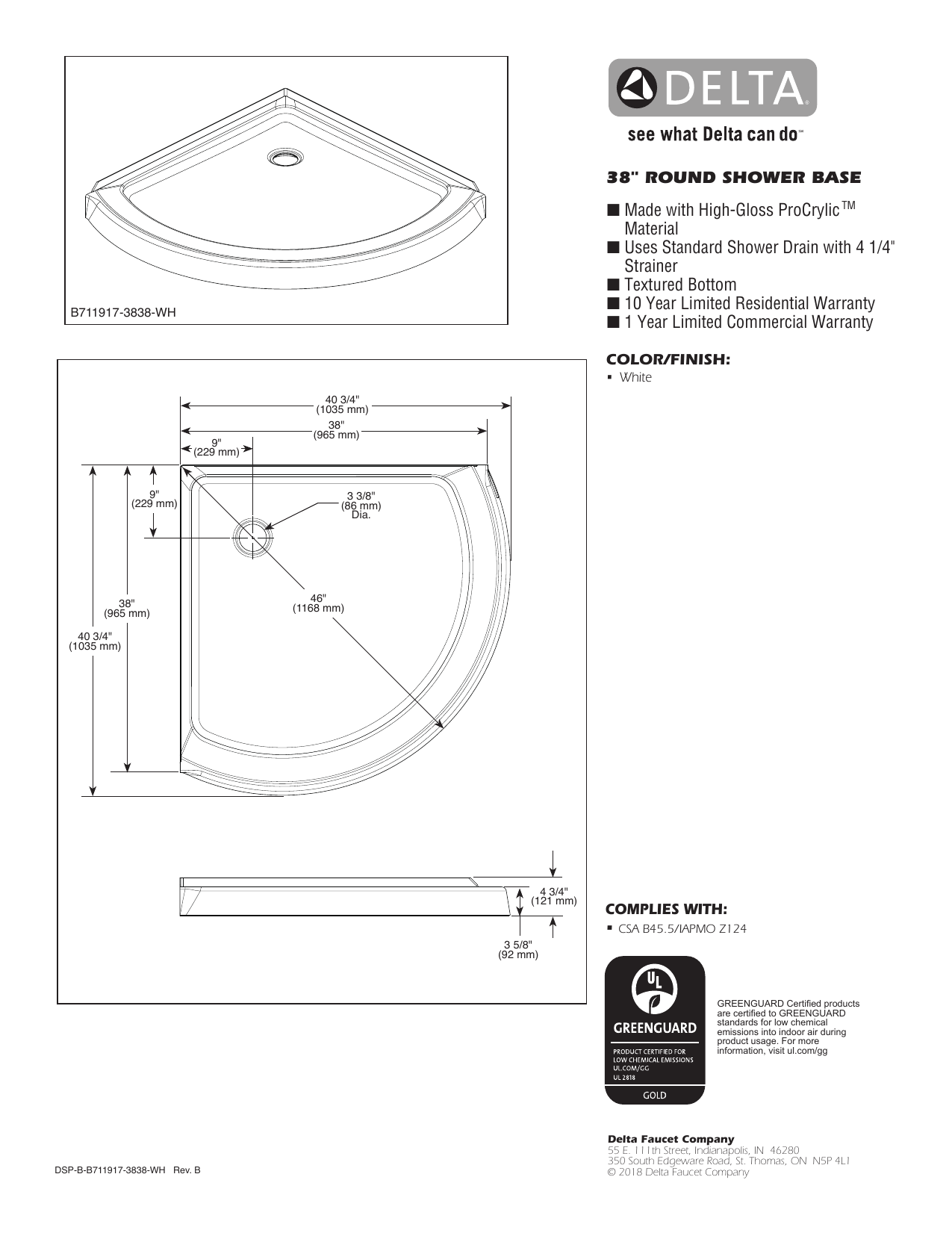 38'' Round Corner Shower Base in High Gloss White B711917-3838-WH