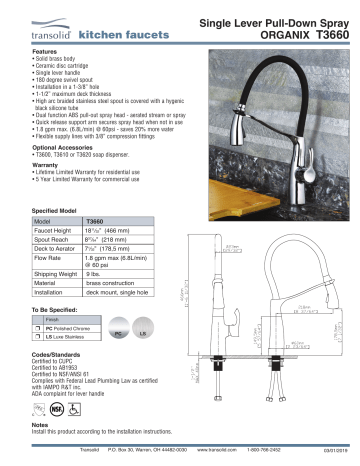Transolid T3660-LS Organix Single-Handle Pull-Out Sprayer Kitchen Faucet Specification | Manualzz