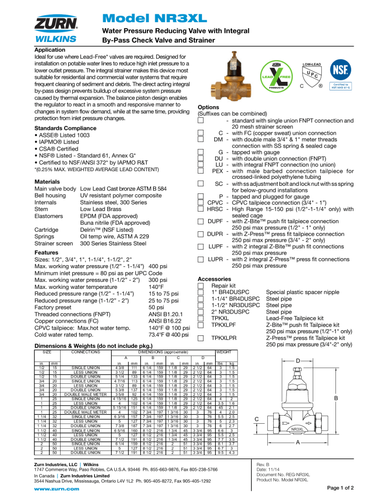 Zurn 114 Nr3xl Specification Manualzz