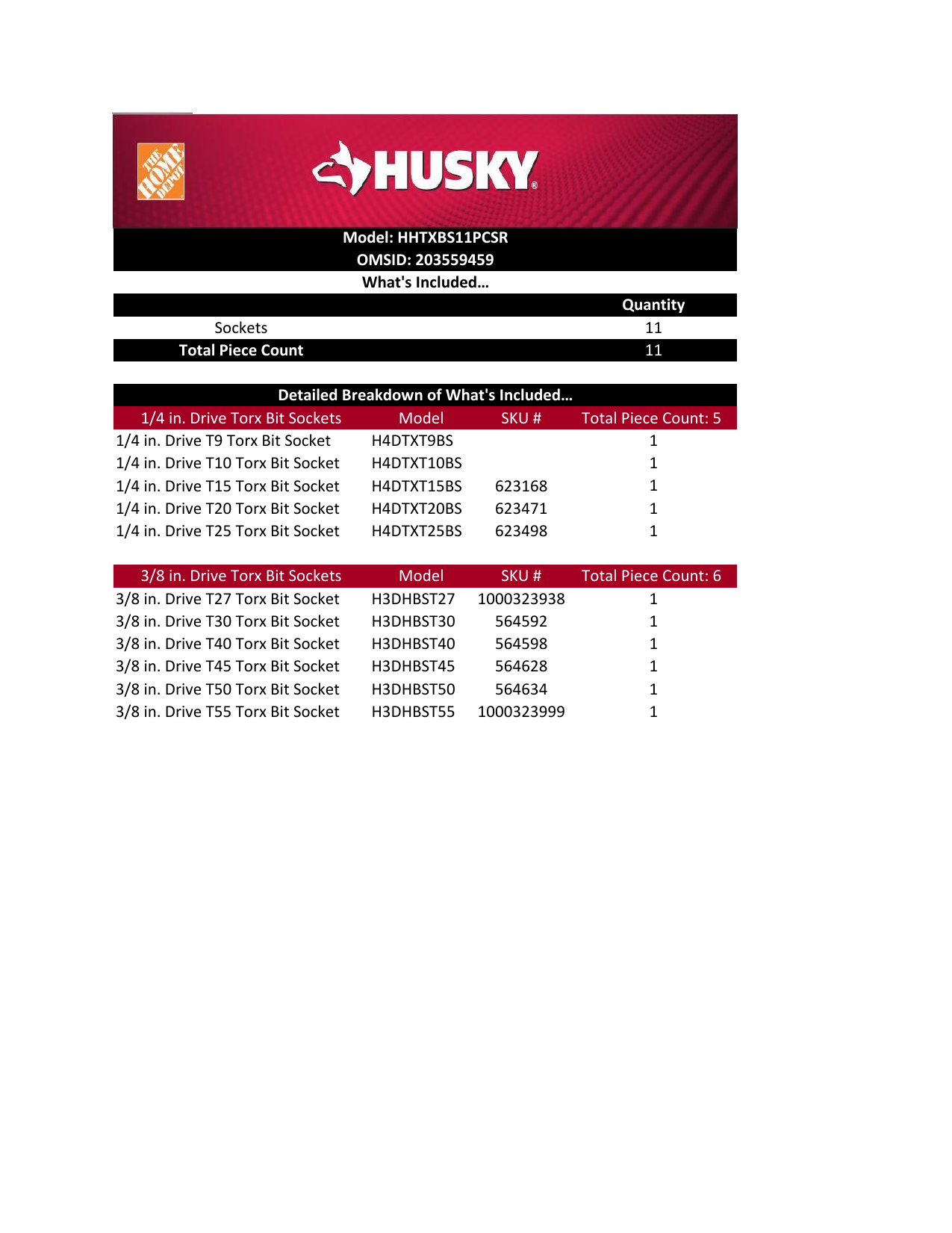 Husky T20 Torx 3/8 in Drive Bit Socket 