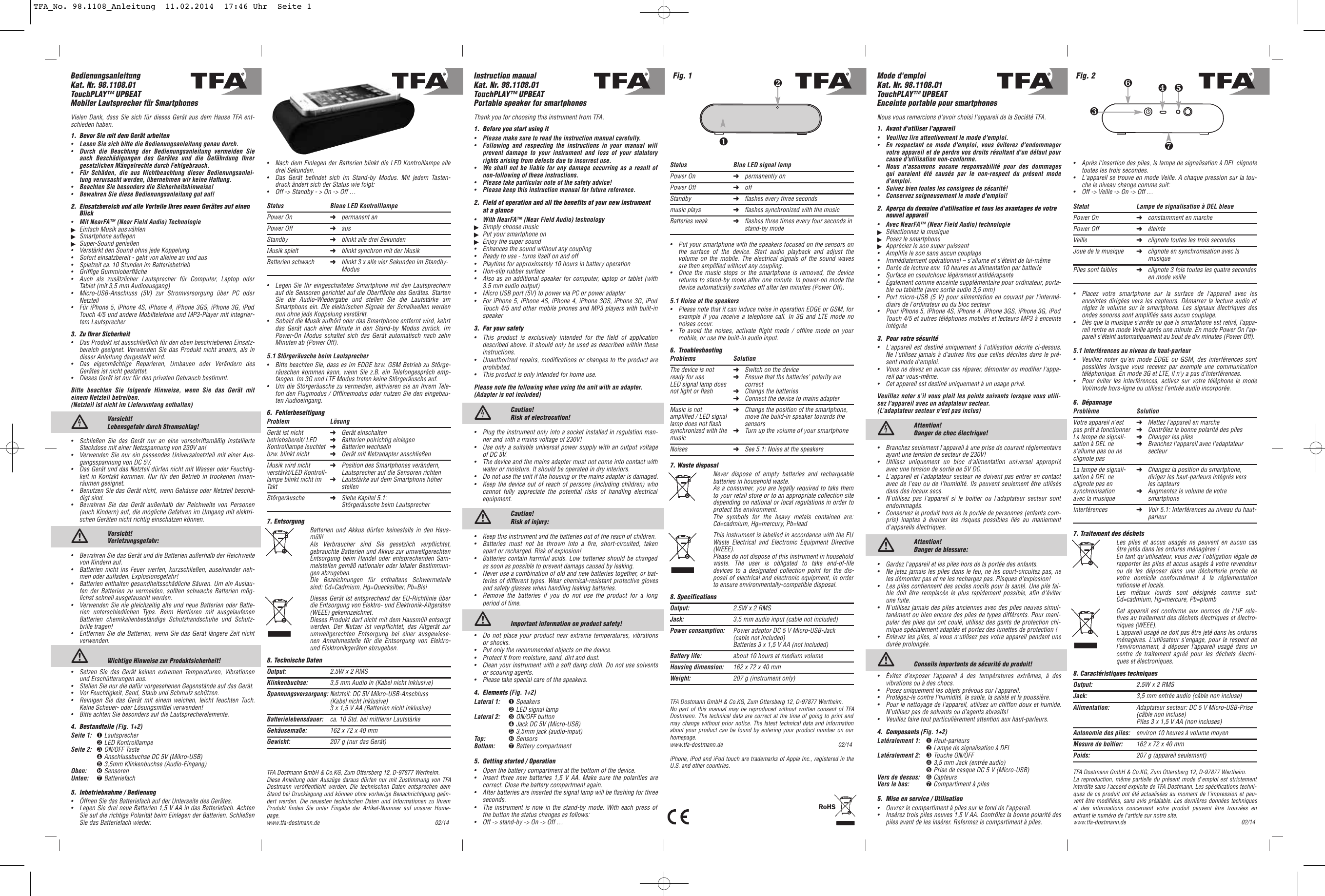 Tfa Mobile Speaker For Smartphones Touchplay Upbeat User Manual Manualzz