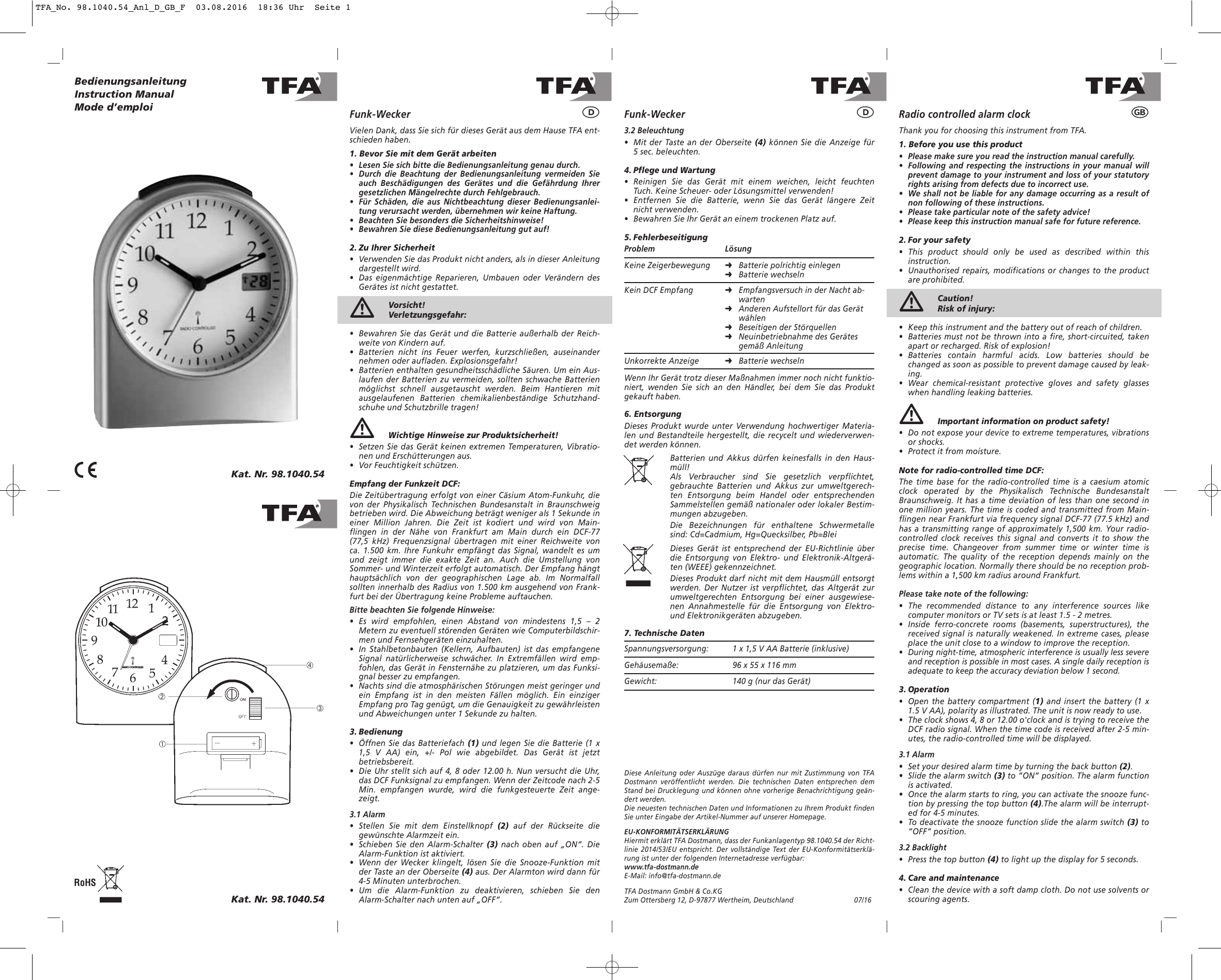 Tfa Analogue Radio Controlled Alarm Clock With Digital Display Of Seconds Manual Manualzz