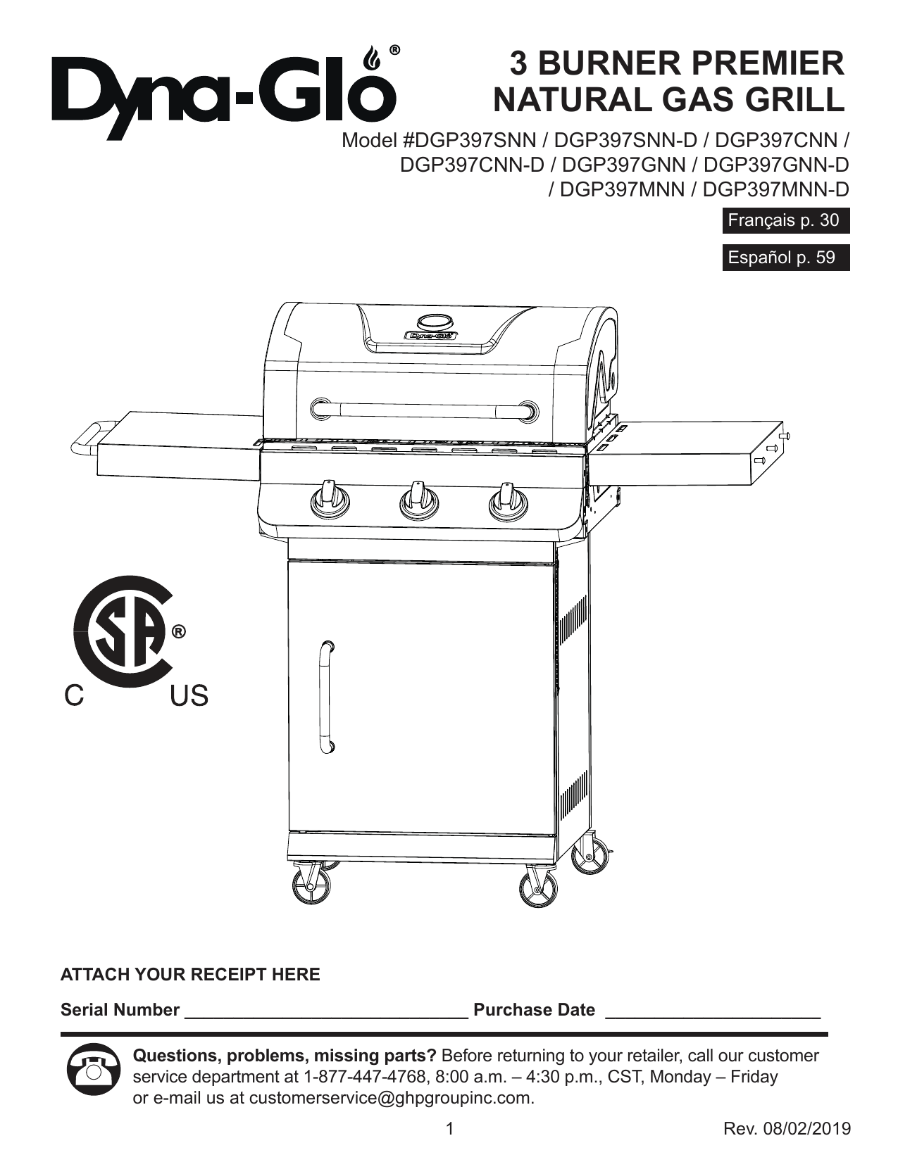 DynaGlo DGP397SNND Premier 3 Burner Natural Gas Grill Manuel