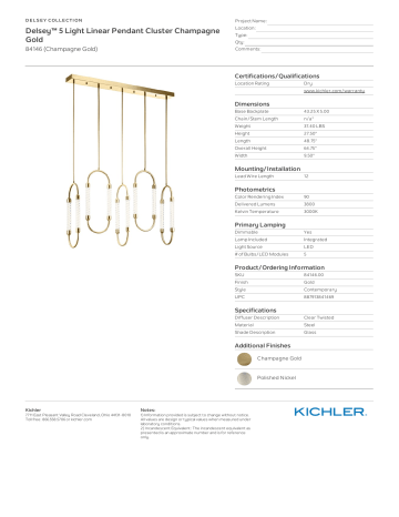 Kichler Lighting 84146 Delsey™ 5 Light Linear Pendant Cluster Champagne Gold Spec Sheet | Manualzz