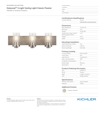 Kichler Lighting 45928CLP Dalwood™ 3 Light Vanity Light Classic Pewter Spec Sheet | Manualzz