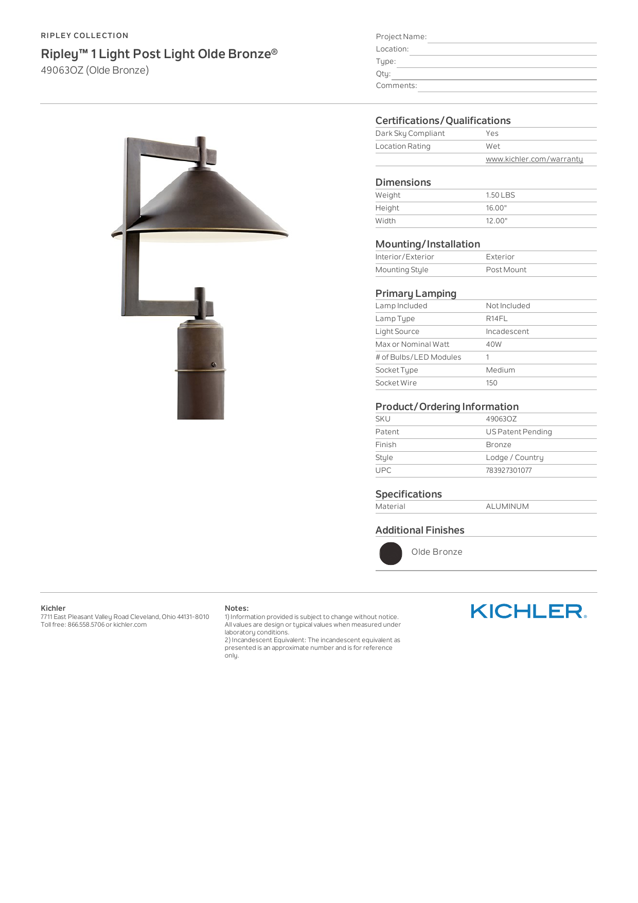 Kichler Lighting 49063OZ Ripley™ 1 