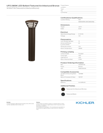 Kichler Lighting 16133AZT28 UFO 2800K LED Bollard Textured Architectural Bronze Spec Sheet | Manualzz