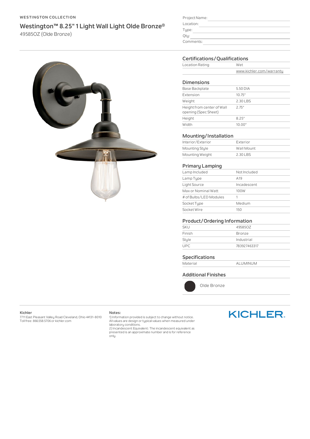 Kichler 42579OZ One Light Mini Pendant/Wall Mount 