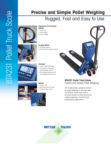 Mettler Toledo BTA231 Pallet Truck Scale Datasheet | Manualzz