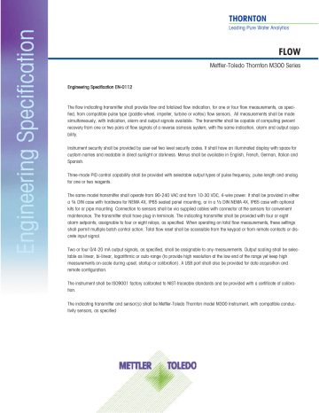 Mettler Toledo THORNTON M300 Flow Technical Specifications | Manualzz