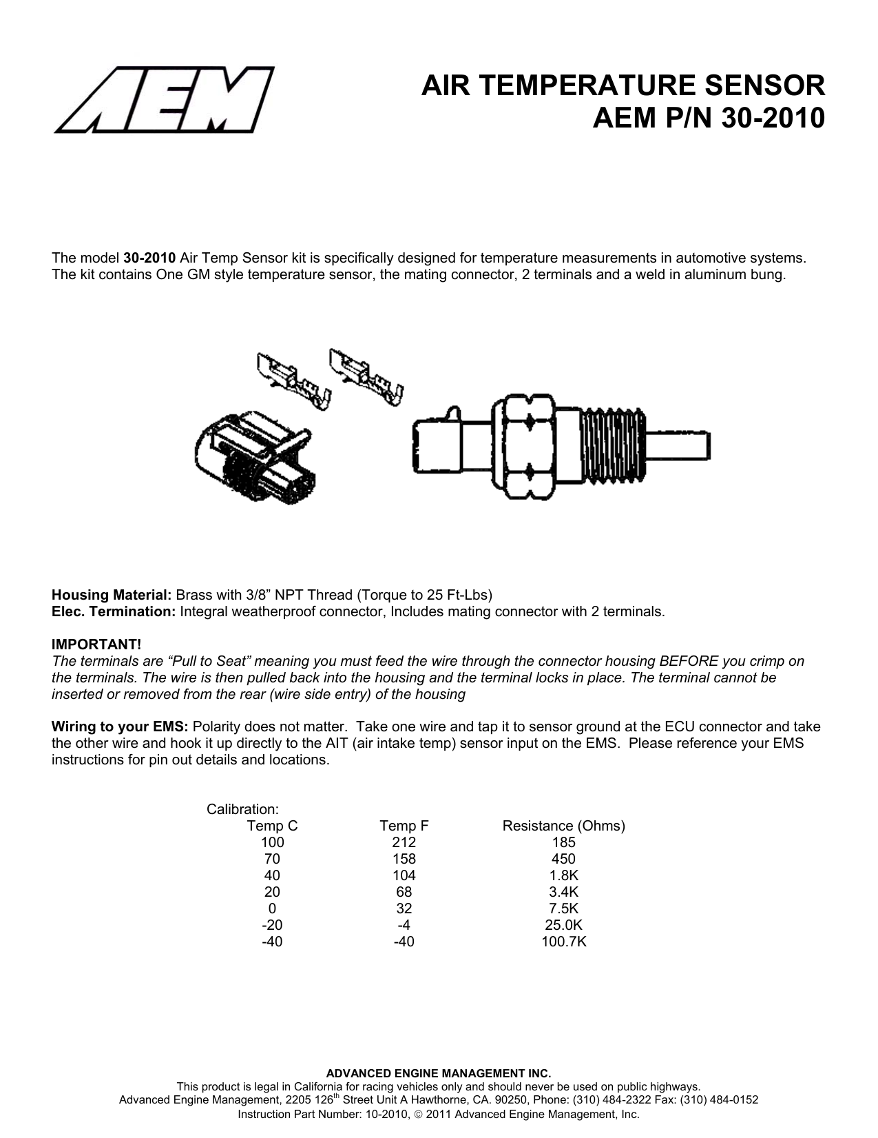 Aem 30 10 Air Temp Sensor Kit Instructions Manualzz