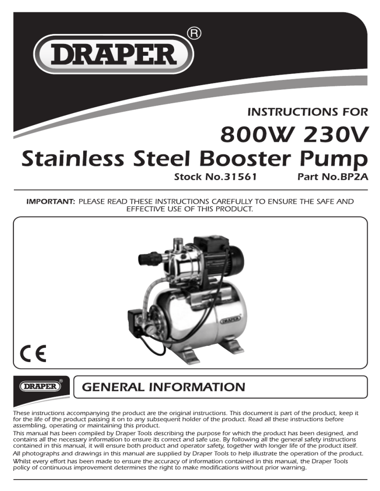 Draper 53L/Min Stainless Steel Body Booster Pump Operating instructions