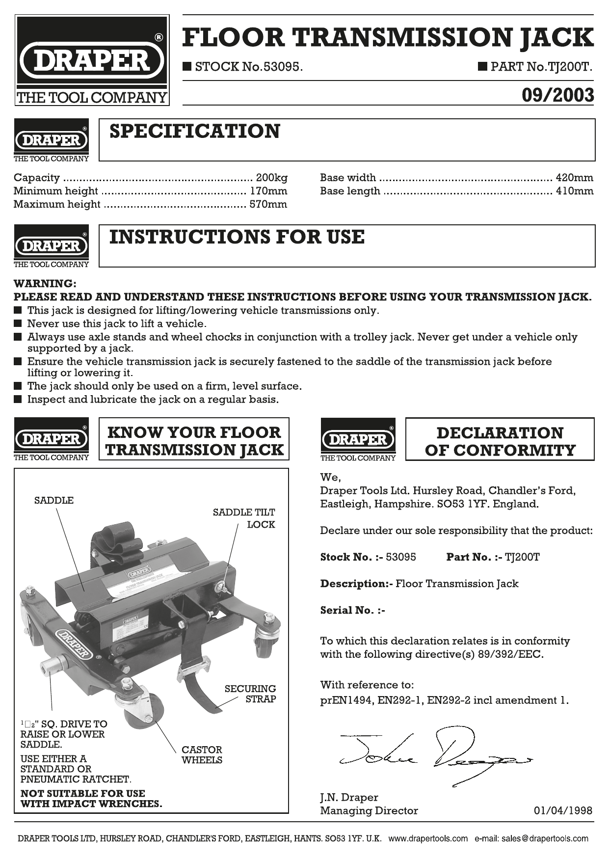 Draper 53095 150 kg Floor Transmission Jack Equipment