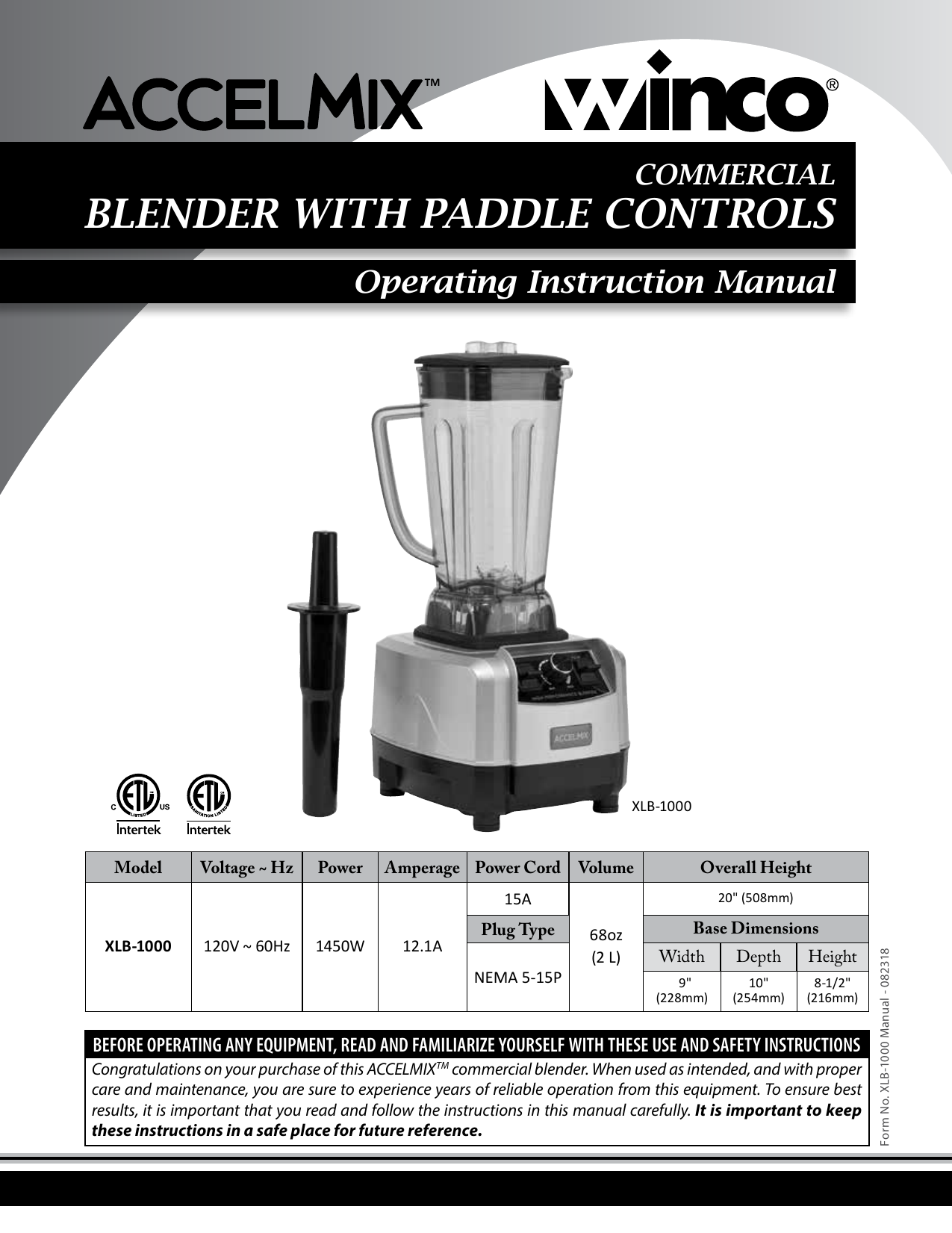 Winco XLB-1000 68 Oz. AccelMix Commercial Blender