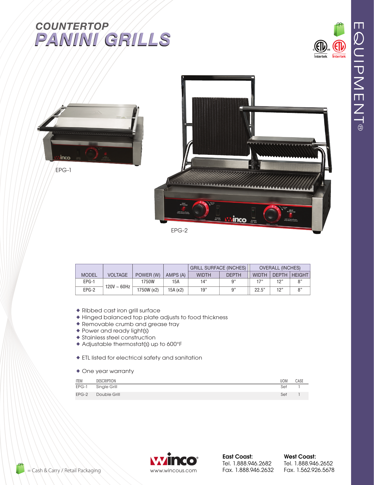 Winco ESG-2, Electric Sandwich Grill with Dual 9-Inch Flat Plates