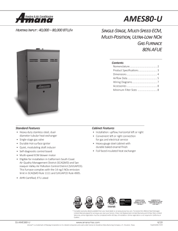 Amana AMES80-U Gas Furnace Product Spec | Manualzz