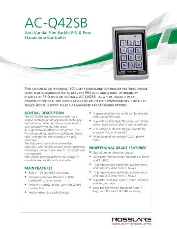 Rosslare AC-Q42SB Anti-Vandal Slim Backlit PIN & Proximity Standalone Controller Data Sheet | Manualzz
