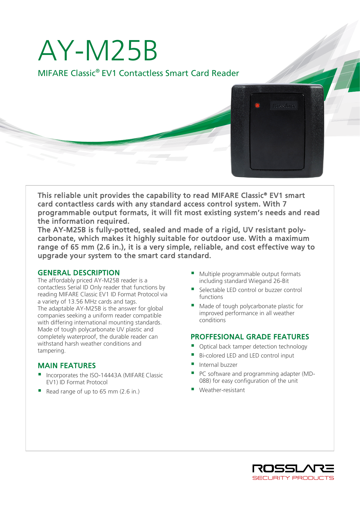 Rosslare Ay M25b Mifare Classic Ev1 Contactless Smart Card Reader Data Sheet Manualzz