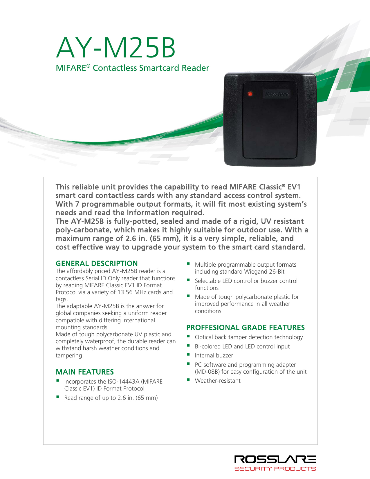 Rosslare Ay M25b Mifare Classic Ev1 Contactless Smart Card Reader Data Sheet Manualzz