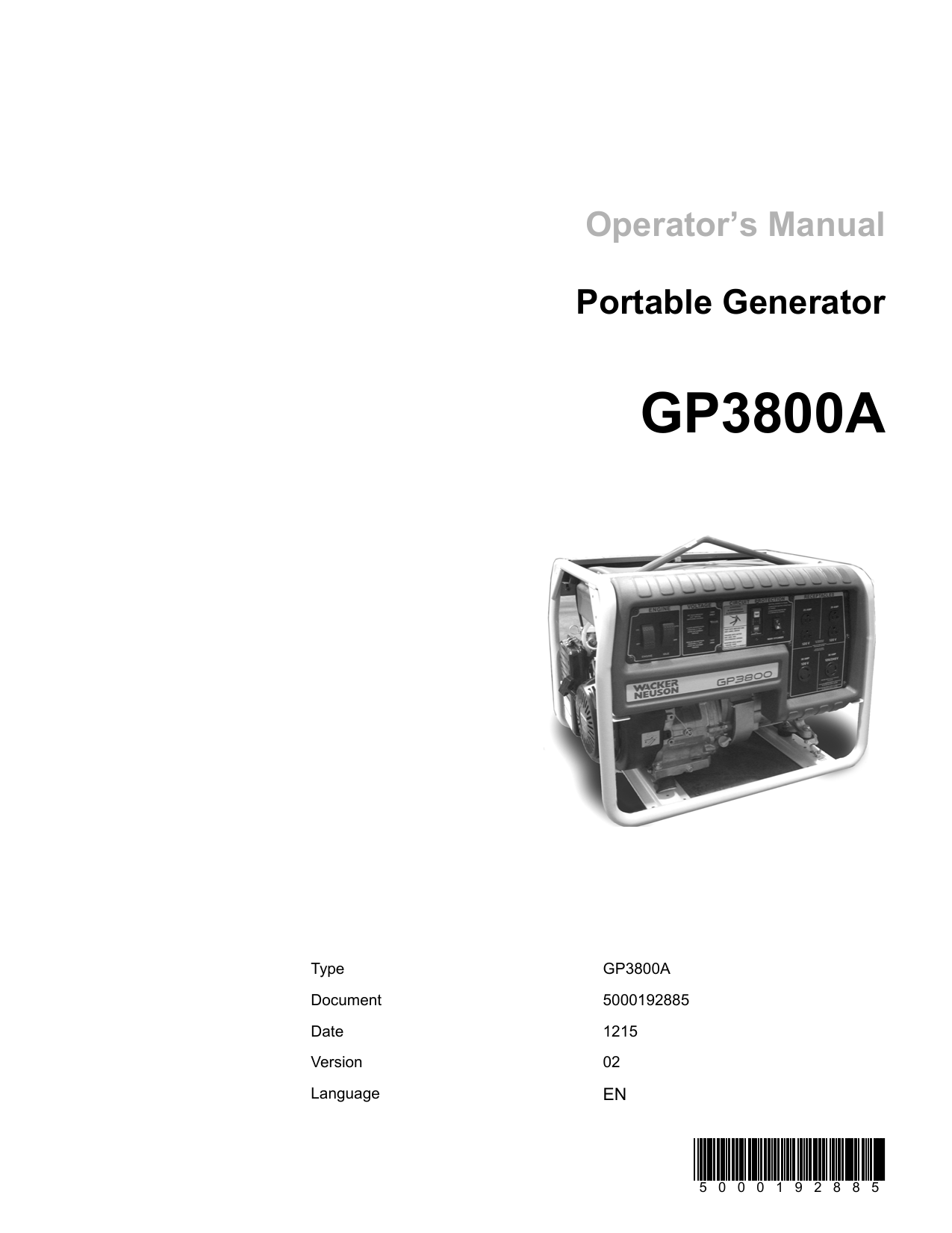 Wacker Neuson GP3800A 3400 3800 Watt Gas Generator Carburetor Assembly 