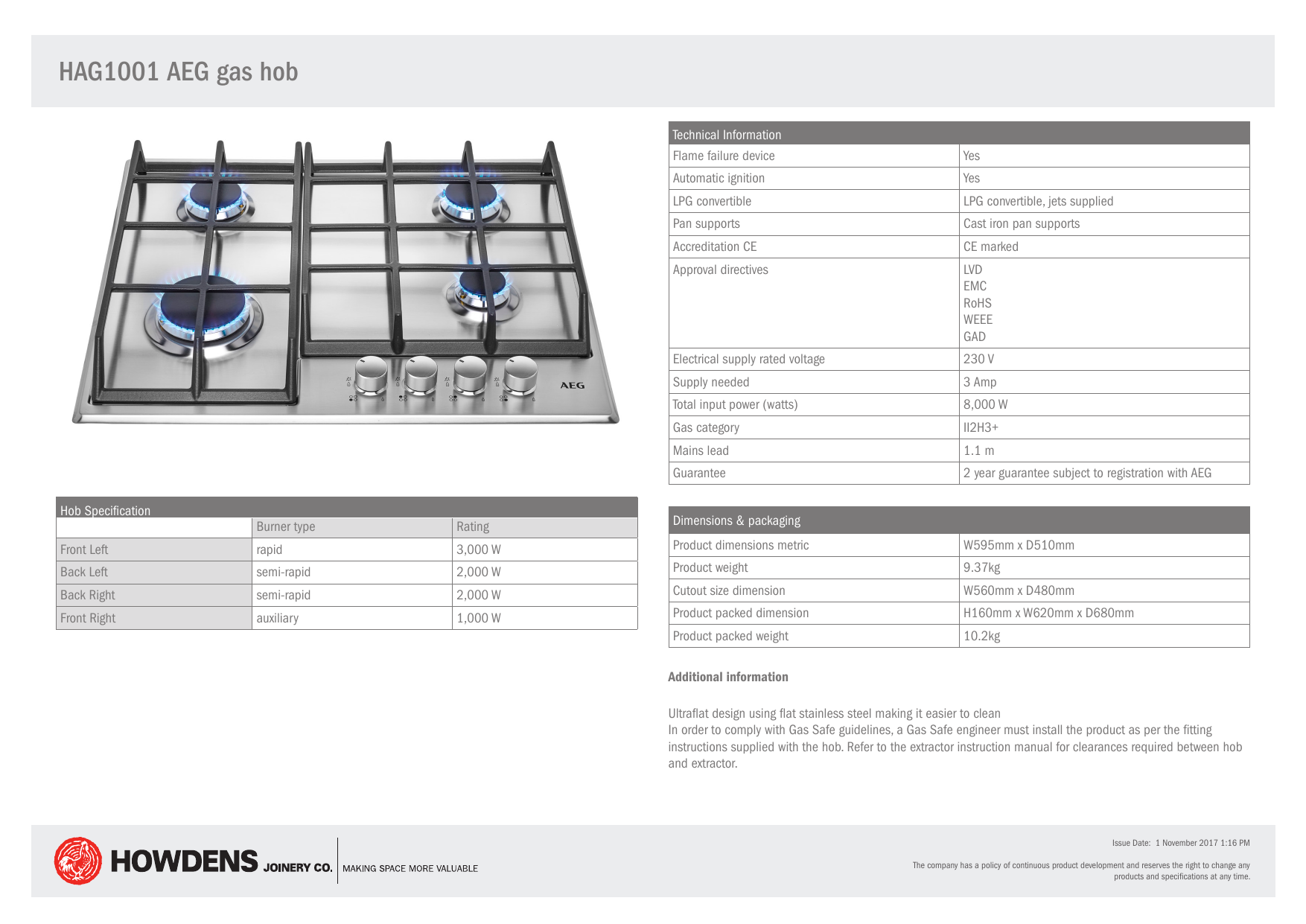 LAMONA HAG1001 AEG HG654350SM 60cm Stainless Steel Gas Hob