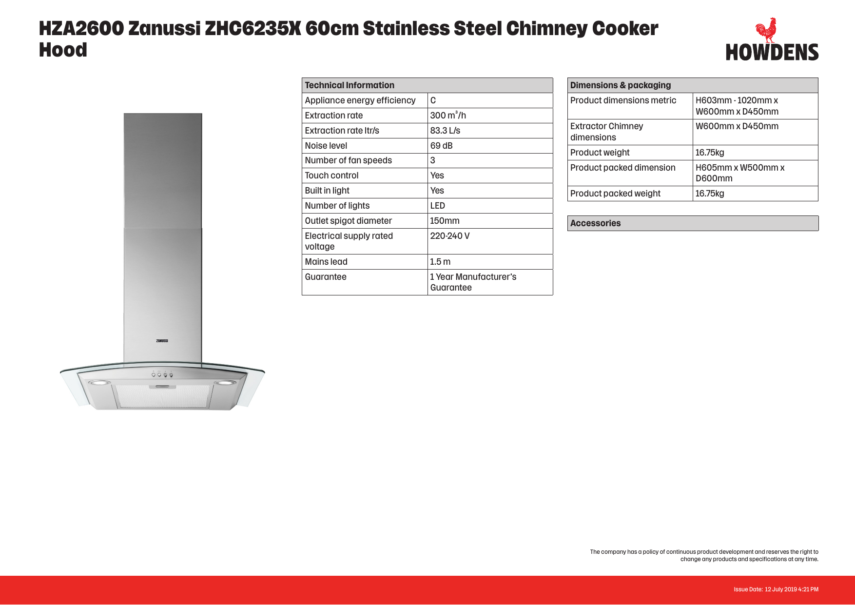 Zanussi ZHC62352X  Rated  Cooker Hood Stainless Steel