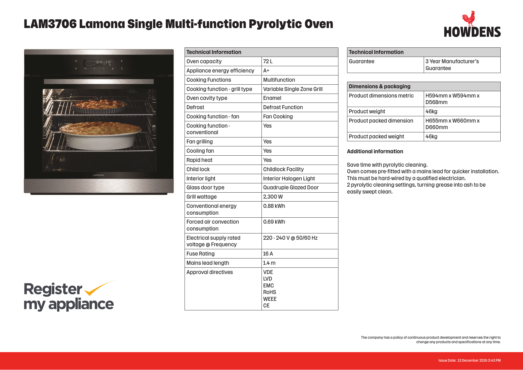 lamona single multi function pyrolytic oven