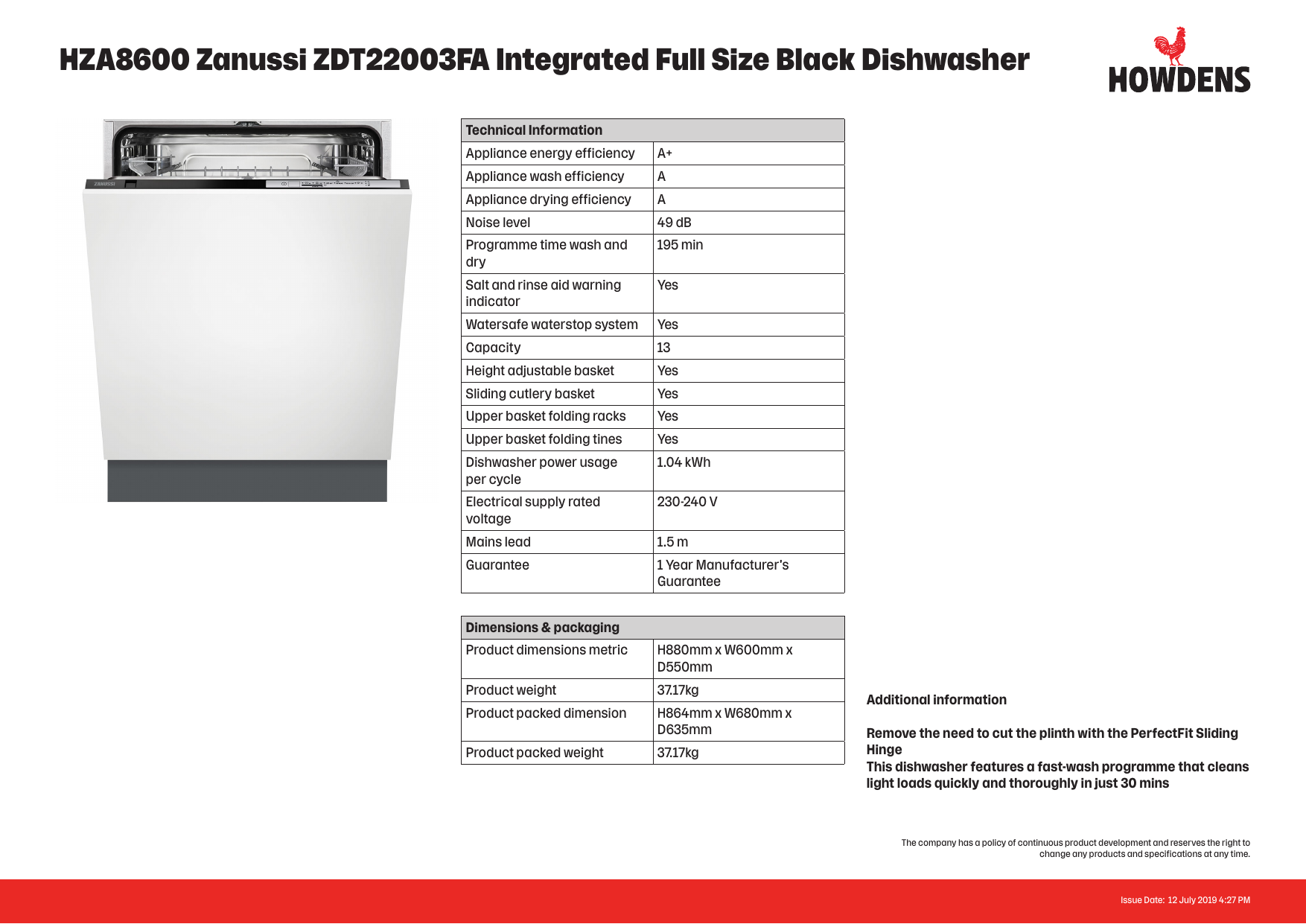 zanussi dishwasher zdt22003fa