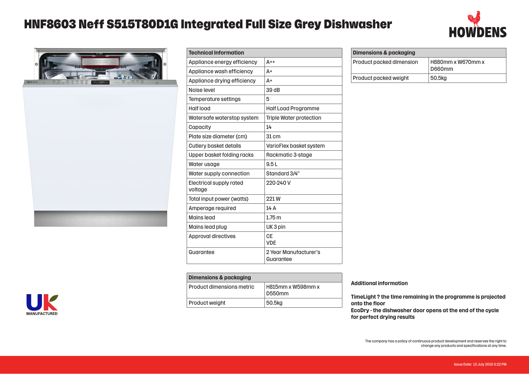 Lamona HNF8603 Neff S515T80D1G Integrated Full Size Grey Dishwasher