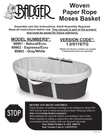 Badger Basket 80861 80862 80863 Wicker-Look Woven Baby Moses Basket Use Instructions | Manualzz
